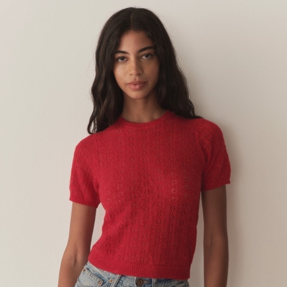 Doen Monica Alpaca Wool Pointelle Short Sleeeve Crew Neck Sweater Top Cherry Red
